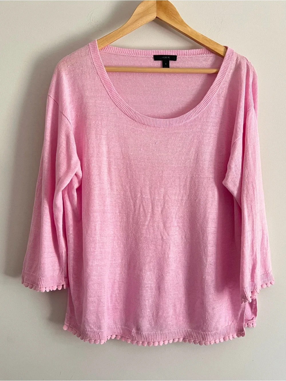J.CREW Sweater Top 100% Linen Womens Small Pink detail Trim 3/4 Sleeves